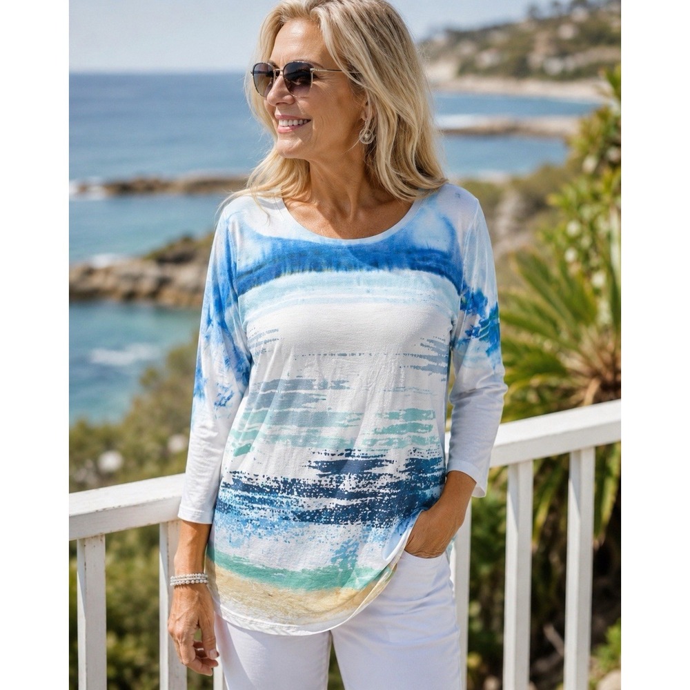 Match Marika Charles Sz 2 (M) White Abstract Tunic 3/4 Sleeve Stretch-Travel-USA